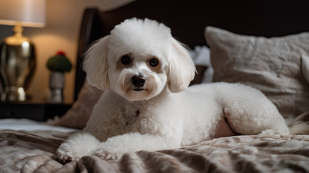 Portrait of a white Bichon Frise dog on the bed.の素材