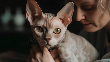Portrait of a beautiful young woman with a sphynx catの素材