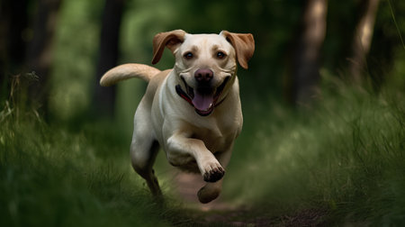 Labrador retriever running in the green forest. Shallow depth of field.の素材