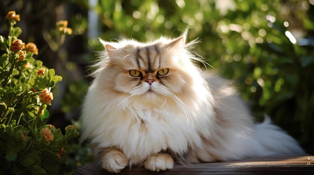 Portrait of a beautiful persian cat sitting in the garden.の素材