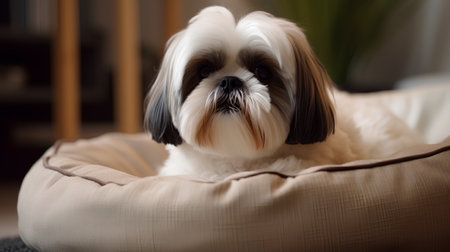 Cute Shih Tzu dog lying on a pillow at homeの素材