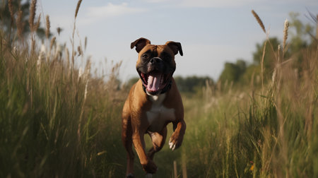 Boxer dog running in the field with ears of grass in the backgroundの素材