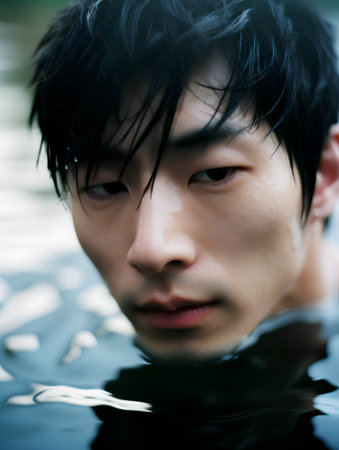 Portrait of a handsome Asian man in a swimming pool. Close up.の素材