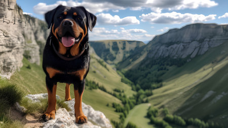 Rottweiler dog on the top of a mountain in summerの素材