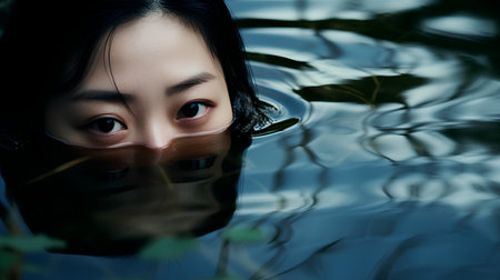 Portrait of beautiful asian woman in swimming pool with reflection.の素材