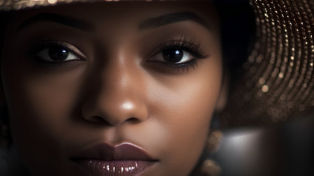 Close-up portrait of beautiful african american woman in hatの素材