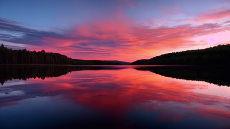 Colorful sunset over a lake with reflection in the water and mountains in the backgroundの素材