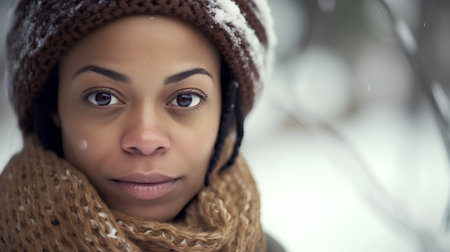 Close up portrait of a young african american woman in winterの素材