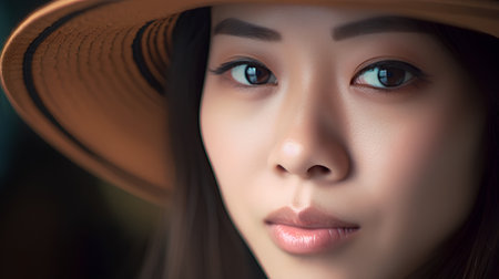Beautiful asian woman in hat looking at camera, closeup portraitの素材