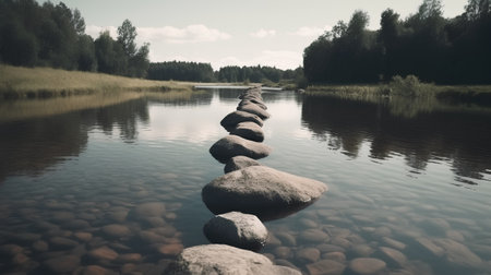 stones on the shore of a lake in the forest in the summerの素材