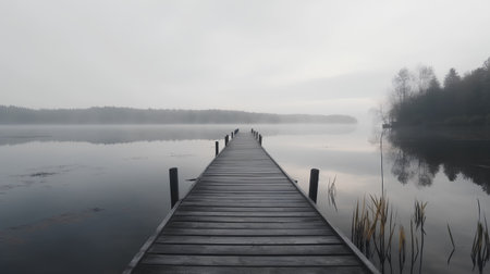 Wooden pier on a lake in a foggy morning, Finlandの素材