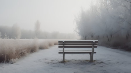 Wooden bench in winter park with snow covered trees and fog.の素材