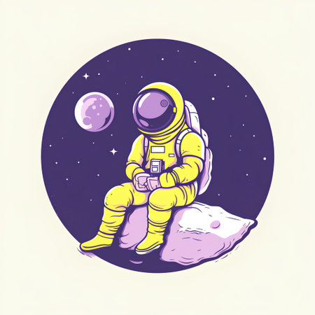 Astronaut sitting on the moon. Vector illustration in a flat style.の素材