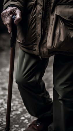 Old man with walking stick in the park. Selective focus.の素材