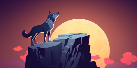 Vector illustration of a wolf standing on top of a cliff and looking at the moonの素材