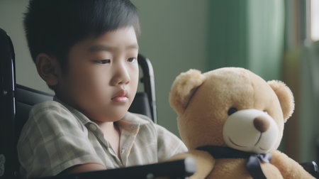 Sad asian boy sitting in wheelchair and holding teddy bear.の素材