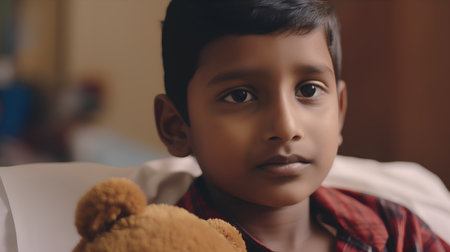 Portrait of a boy with teddy bear in his hand.の素材
