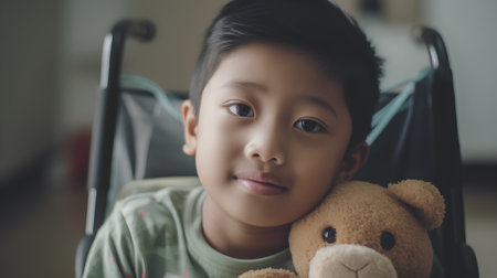 Cute little asian boy with teddy bear in the living roomの素材
