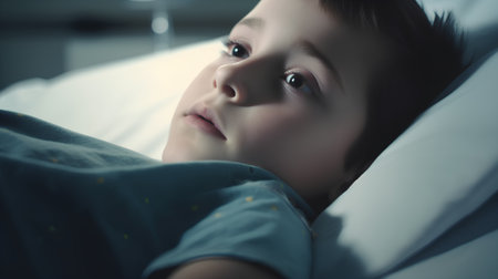 Sick boy lying in bed and looking at camera, shallow depth of fieldの素材