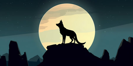 Silhouette of a wolf standing on a rock in the moonlight. Vector illustrationの素材
