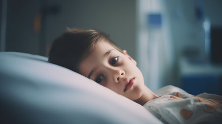 Sick little girl lying in bed at home. Sick child.の素材