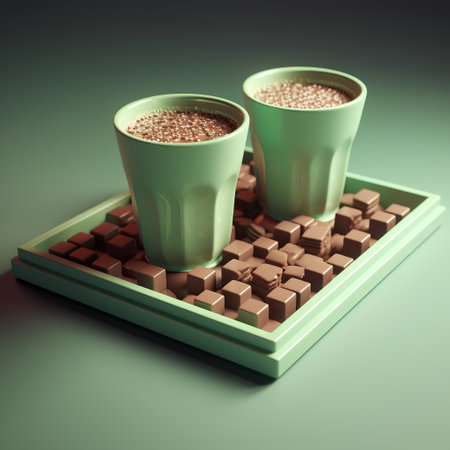 Two cups of coffee with chocolate candies on a green background. 3d renderingの素材