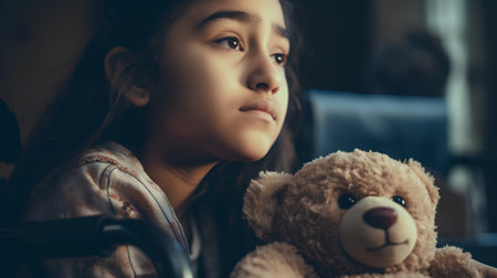 Cute little girl is playing with teddy bear at home.の素材