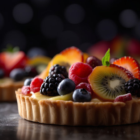 Delicious tartlets with fresh berries on black background, closeupの素材