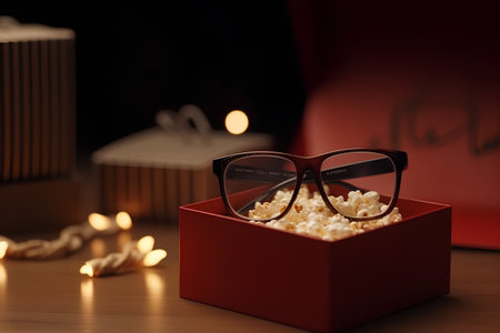 Open gift box with 3d glasses and popcorn on the wooden tableの素材