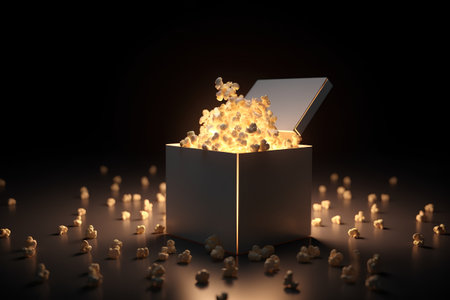 Open gift box with magic sparks on dark background. 3D renderingの素材