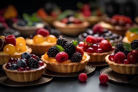 Variety of fruit tartlets on black background, selective focus.の素材