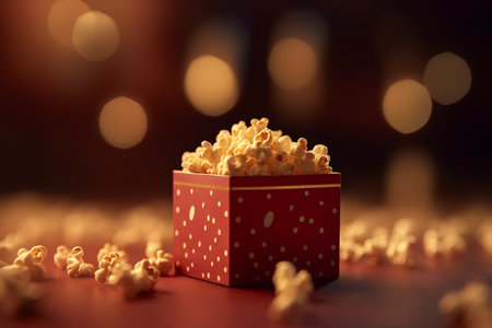Popcorn in a red gift box with bokeh background. 3d renderingの素材