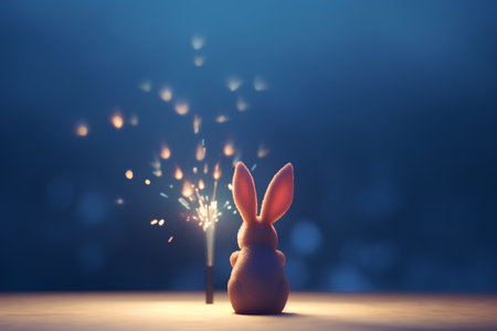 Easter bunny with sparklers on blue background. 3d renderingの素材