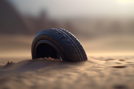 3d rendering of a car tire in the sand on a blurred backgroundの素材