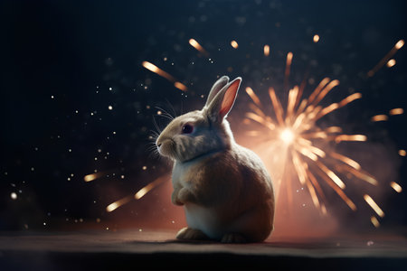 Rabbit and firework on dark background. Easter holiday concept.の素材