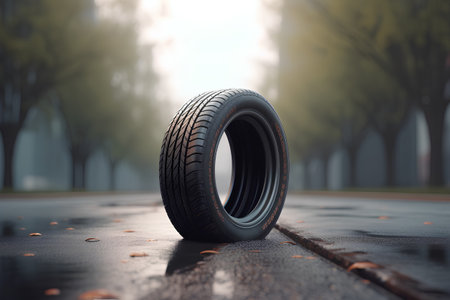 Car tire on the road. 3d illustration. Selective focus.の素材
