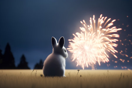 Rabbit and firework at night. Happy Easter concept. 3D Renderingの素材