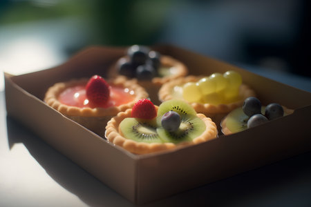 Delicious tartlets with berries and fruit in a cardboard box.の素材
