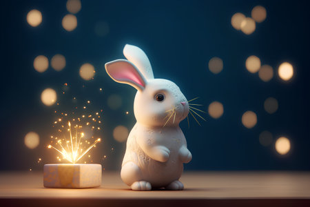 Easter bunny with gift box and sparkler. 3d renderingの素材