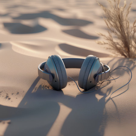 Headphones in the desert. 3D illustration. Vintage style.の素材