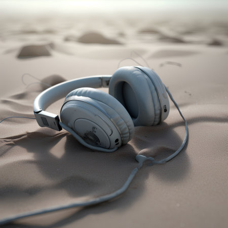Headphones on the beach. 3d illustration. Vintage tone.の素材