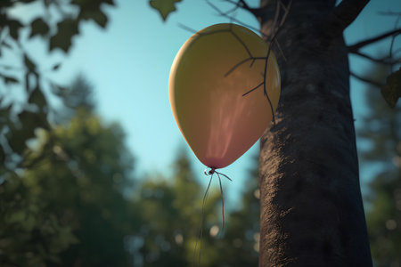 3D render of a yellow balloon on tree in the forest.の素材