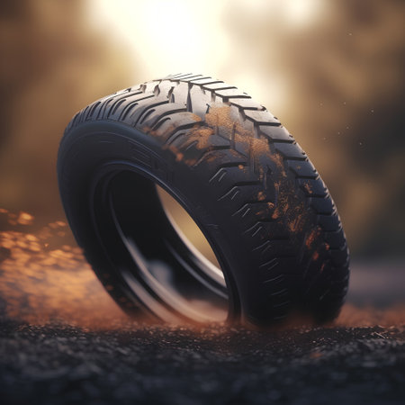 3d rendering of a car tire on a dark background with smokeの素材