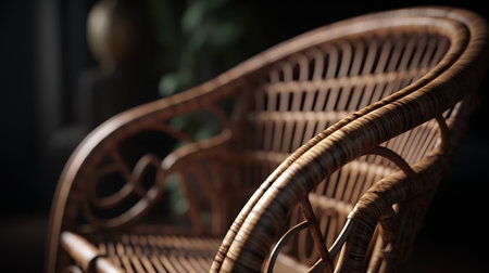 Close up of wicker chair on dark background. Selective focus.の素材