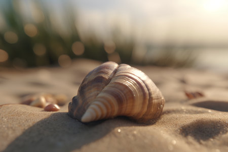 Seashell on the beach. Selective focus. Shallow depth of field.の素材