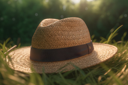 Straw hat on the green grass in the garden. 3d renderingの素材