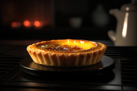 Custard tart on a black plate in front of a fireplaceの素材