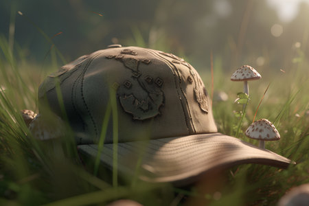 Mushroom cap on the grass in the forest at sunrise.の素材