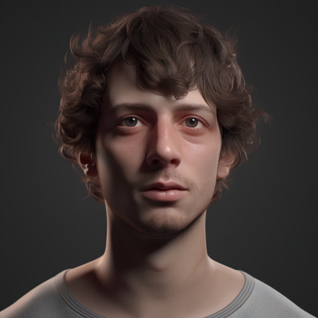 Portrait of a young man with curly hair on a dark backgroundの素材