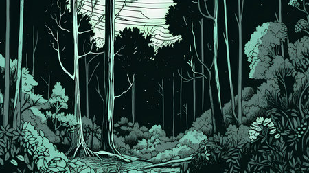 Forest landscape. Vector hand drawn illustration of forest with trees and bushes.の素材